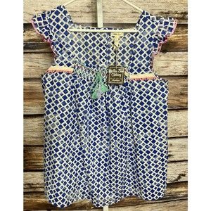 Matilda Jane NWT Women’s Blue White Top Flutter Sleeve Tassel Tie Large